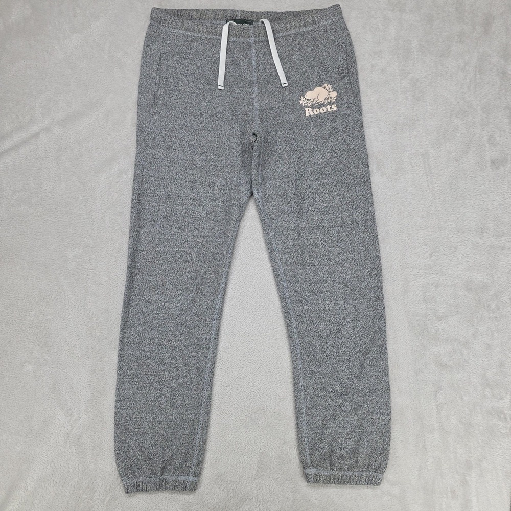Roots‎ Jogger Sweatpants Womens XS Gray Fleece Logo Drawstring Lounge Run gym
